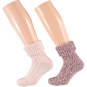 Apollo - Wollen sokken dames - Huissok dames - Rood/Roze - 2-Pak - Maat 35/38 - Fluffy sokken - Slofsokken - Huissokken - Warme sokken - Winter sokken