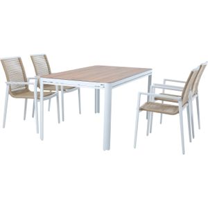 AXI Zora Tuinset met 4 stoelen in Wit & Hout look | Dining set voor tuin in Aluminium / PSPC | Tuinmeubel voor buiten voor 4 personen