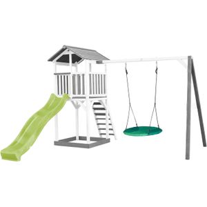 AXI Beach Tower Speeltoestel van hout in Grijs en Wit | Speeltoren met zandbak, nestschommel en limoen groene glijbaan | Speelhuis op palen voor de tuin