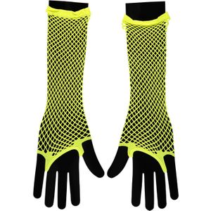 Apollo - Visnet handschoenen - Lange handschoenen - Fluor Geel - One Size - Kanten handschoenen - Neon verkleedkleding - Feestkleding - Carnaval