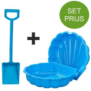 Zandbak schelp en plastic schep 50 cm lang blauw