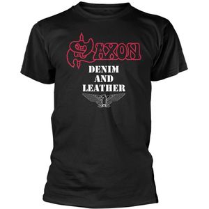 Saxon Unisex Denim en leer T-shirt voor volwassenen (M) (Zwart)