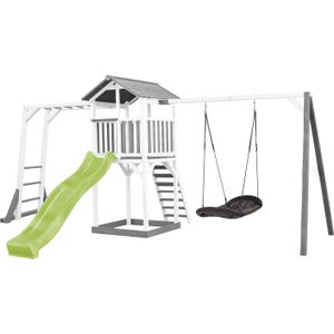 AXI Beach Tower Speeltoestel van hout in Grijs en Wit | Speeltoren met zandbak, klimrek, nestschommel en limoen groene glijbaan | Speelhuis op palen voor de tuin