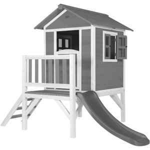 AXI Speelhuis Beach Lodge XL Grijs met grijze glijbaan | Speelhuis op palen met veranda gemaakt van FSC hout | Klein speeltoestel voor de tuin