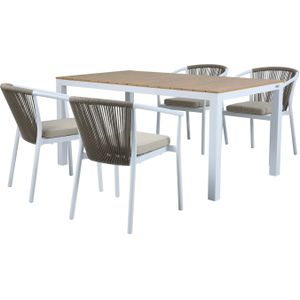 AXI Suvi Tuinset met 4 stoelen in Wit & Teak look | Dining set voor tuin in Aluminium / Polywood | Tuinmeubel voor buiten in hout look voor 4 personen