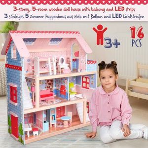 Houten Poppenhuis XXL - Met LED-verlichting - 3 Speelniveaus - Incl. Meubels/Accessoires voor Poppen van 13 cm