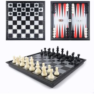Schaakspel 3-in-1 Dammen Backgammon Magnetisch en Kist - 32x32x5 cm Zwart Wit Staunton figuren en dam en backgammon stenen.  Top  Kwaliteit en Klasse