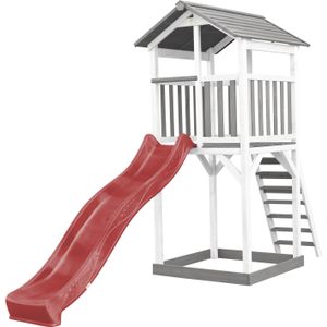 AXI Beach Tower Speeltoestel van hout in Grijs en Wit | Speeltoren met zandbak, en rode glijbaan | Speelhuis op palen voor de tuin