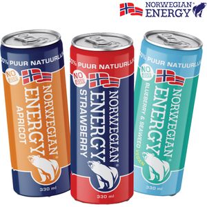 Norwegian Energy | Variatie pack | Artisk Collageen & Abrikoos, Vegan blueberry & plantaardige kelp & Aardbei | 3 x 330ml | Gezonde energie drank | Yerba mate