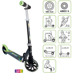 muuwmi aluminium scooter neon – tretroller, 180 mm, ABEC 5, GS-goedgekeurd, in hoogte verstelbaar, LED-lichtwielen - Groen / Zwart