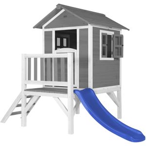 AXI Speelhuis Beach Lodge XL Grijs met blauwe glijbaan | Speelhuis op palen met veranda gemaakt van FSC hout | Klein speeltoestel voor de tuin