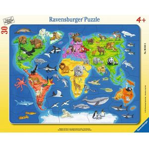 Ravensburger Puzzel - Wereldkaart met dieren, 30 stukjes