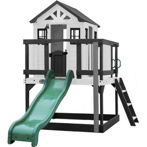 Backyard Discovery Sweetwater Heights Speelhuis op palen met groene glijbaan, speelkeuken, zandbak & veranda | Speelhuisje voor de tuin / buiten in grijs & wit | Speeltoestel voor kinderen