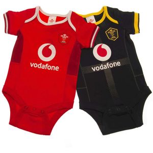 Wales RU Baby rompertje (Set van 2) (6-9 Months) (Rood/Wit/Zwart/Geel)