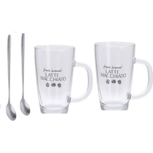 Excellent Houseware Latte macchiato glazen - set 2x - incl. lepels - glas - 300 ml - koffie glazen