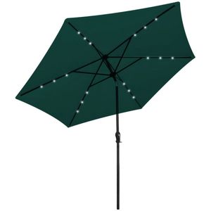 <p>Deze LED parasol is gemaakt van UV-bestendig polyester, wat je huid beschermt tegen schadelijke zonnestralen. Het ventilatiegat in het doek zorgt voor stabiliteit en ventilatie, waardoor je je comfortabeler voelt. Daarnaast heeft deze parasol 18 LED-lampen op zonne-energie, wat zorgt voor extra verlichting en romantiek tijdens je buitenactiviteiten.</p>
<ul>
  <li>Kleur doek: groen</li>
  <li>Materiaal luifel: polyester</li>
  <li>Diameter doek: 3 m</li>
  <li>Hoogte: 2,25 m</li>
  <li>Materiaal: stalen frame met een zwart gepoedercoate afwerking</li>
  <li>Standaard met twee delen: 38 mm</li>
  <li>Met zwengel en kantelmechanisme</li>
  <li>Met 18 LED-lampen op zonne-energie</li>
  <li>Met 6 stalen baleinen</li>
  <li>Enkel ventilatiegat (geen flap)</li>
  <li>Zwevend ontwerp</li>
  <li>Hangende parasol met krukas</li>
  <li>Winddicht</li>
  <li>Goeie ventilatie en bescherming tegen UV-zonnestralen</li>
  <li>Goede verlichting in de avond</li>
  <li>Materiaal: Polyester: 100%</li>
</ul>