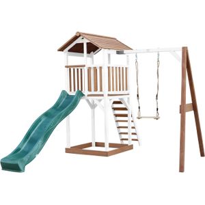 AXI Beach Tower Speeltoestel van hout in Bruin en Wit | Speeltoren met zandbak, schommel en groene glijbaan | Speelhuis op palen voor de tuin