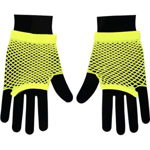 Apollo - Visnet handschoenen - Korte handschoenen - Fluor Geel - One Size - Kanten handschoenen - Neon verkleedkleding - Feestkleding - Carnaval