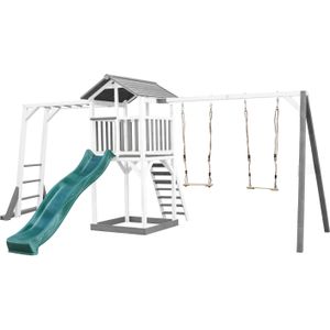 AXI Beach Tower Speeltoestel van hout in Grijs en Wit | Speeltoren met zandbak, klimrek, dubbele schommel en groene glijbaan | Speelhuis op palen voor de tuin