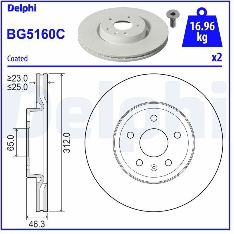 Mg - Remschijf - Geventileerd - Achteras - Buitendiameter 312 mm - Dikte 25 mm