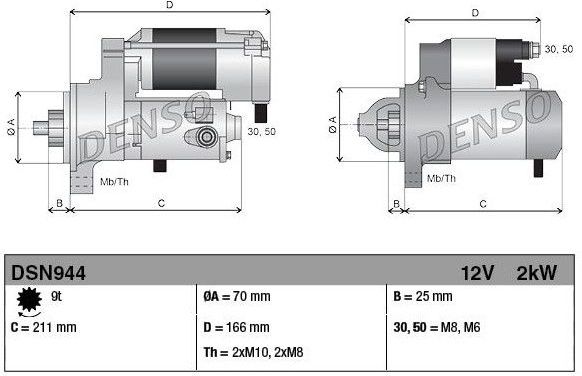 Land Rover - Denso Dsn944 - Startmotor - 12 Volt - 2 kW - 9 Tanden