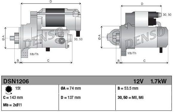 DENSO - DSN1206 - Startmotor - 12 Volt - 1,7 kW - Draairichting Tegen De Klok In
