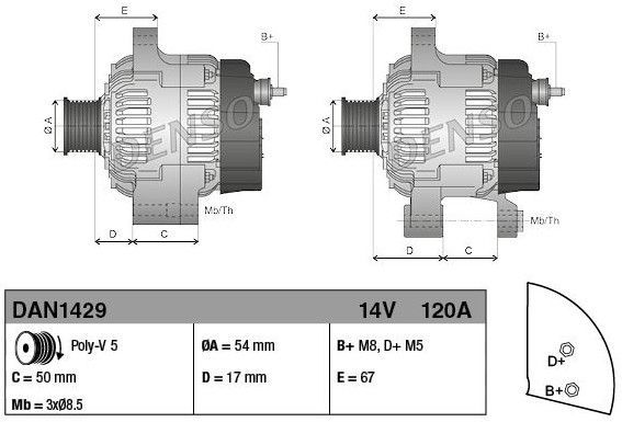 Dynamo - Fiat Denso Dan1429 - 14 Volt - Laadstroom 120A - Voor voertuigen met 12V boordspanning