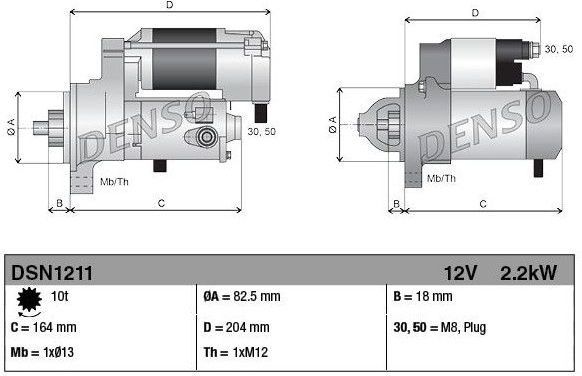 Toyota - Denso Dsn1211 - Startmotor - 12 Volt - 2,2 kW - 10 Tanden