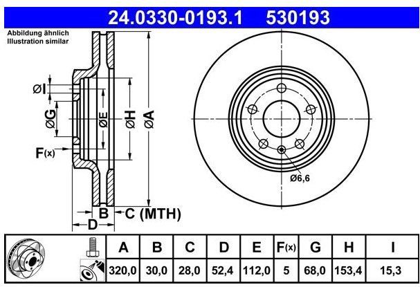 Powerdisc - Remschijf - Audi Ate 24.0330-0193.1 - Geventileerd - Buitendiameter 320 mm