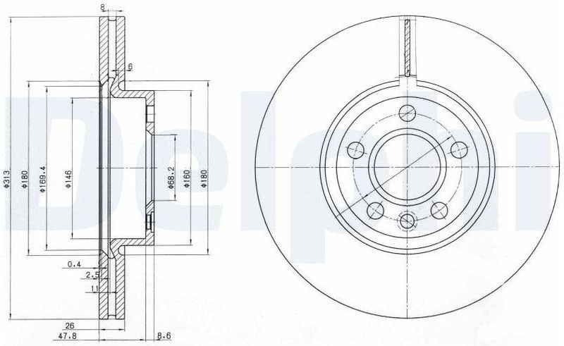 Delphi - Bg3719 - Remschijf - Vooras - Geventileerd - 5 Gaten - Buitendiameter 313 mm