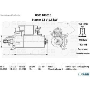 Starter Citroën / Peugeot 1.8 Kw Citroen, Ds, Fiat, Lancia, Opel, Peugeot, Talbot Seg Automotive 0001 109 010