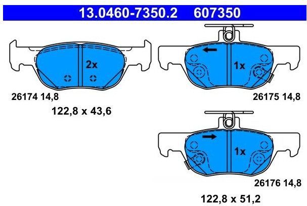 ATE - Remblokkenset - Achteras - Met Akoestische Slijtagewaarschuwing - Breedte 122,8 mm