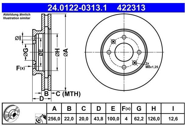 ATE - Remschijf - Geventileerd - Vooras - 256 mm - 4 gaten - Gecoat