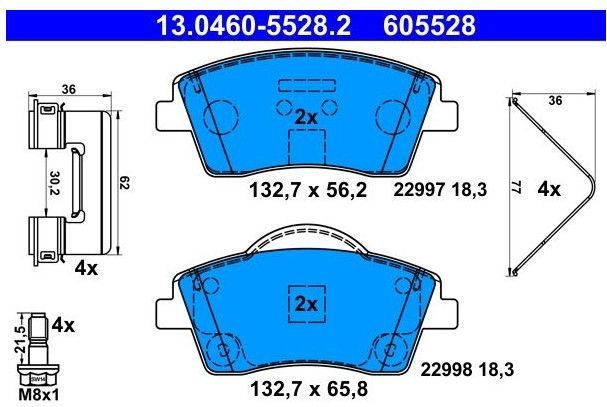 ATE - Remblokkenset - Vooras - 132,7 mm - 18,3 mm Dikte - VOLVO 13.0460-5528.2