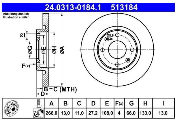 ATE - PowerDisc - Remschijf - Vooras - Gecoat - Buitendiameter 266 mm