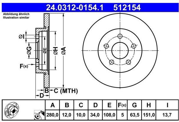 ATE - PowerDisc - Remschijf - Achteras - Gecoat - Buitendiameter 280 mm - Dikte 12 mm