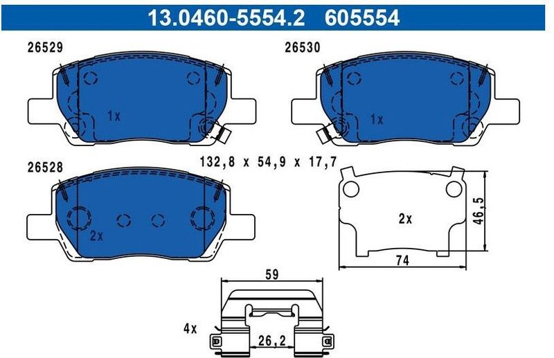 ATE - Remblokkenset - Vooras - 132,8 mm breedte - Met Slijtageindicator