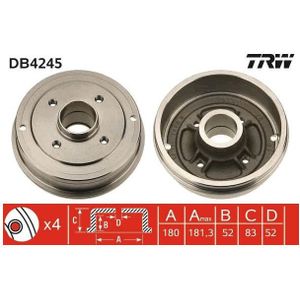 Remtrommel - Dacia, Renault - TRW DB4245 - Diameter 180 mm - 4 Gaten