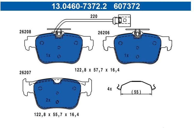 ATE - Remblokkenset - Achteras - 122,8 mm - Inclusief Slijtageindicator