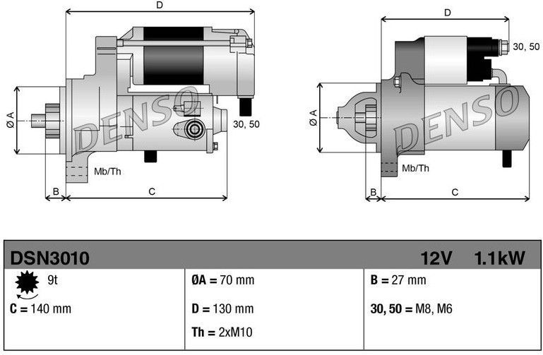 Mercedes-Benz - Denso Dsn3010 - Startmotor - 12 Volt - 1,1 kW - 9 Tanden