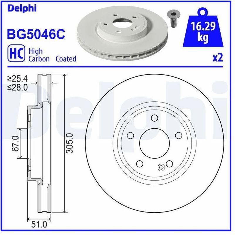Mercedes-Benz - Bg5046c - Remschijf - Geventileerd - Gecoat - 305 mm