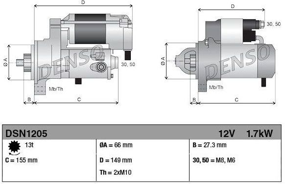 DENSO - DSN1205 - Startmotor - 12 Volt - 1,7 kW - Draairichting met de klok mee