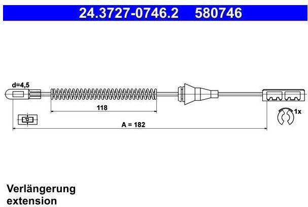 ATE - Handremkabel - Achter - 182 mm - Trommelrem