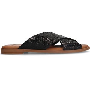 Zwart leren gevlochten slippers