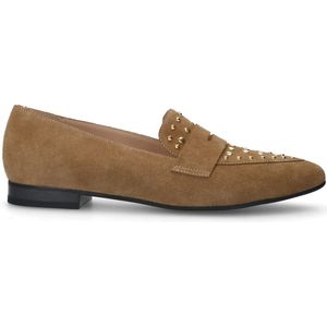 Cognac suède loafers met gouden studs