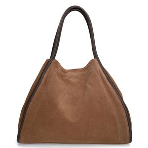 Taupe suède handtas met bruine handvaten