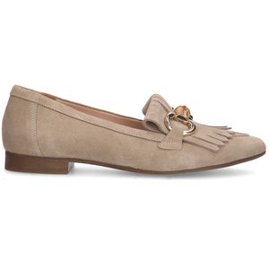 Beige suède loafers met franjes