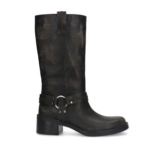 Grijze leren biker boots met zilverkleurige gespen