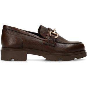Manfield - Donkerbruine Leren Loafers - Gouden Chain - Dikke Hak 3 cm