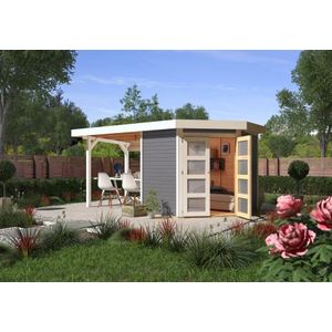 Tuinhuis Goldendorf 5 Karibu Terragrijs 482x246x218cm met aanbouwdak Wanddikte 19mm